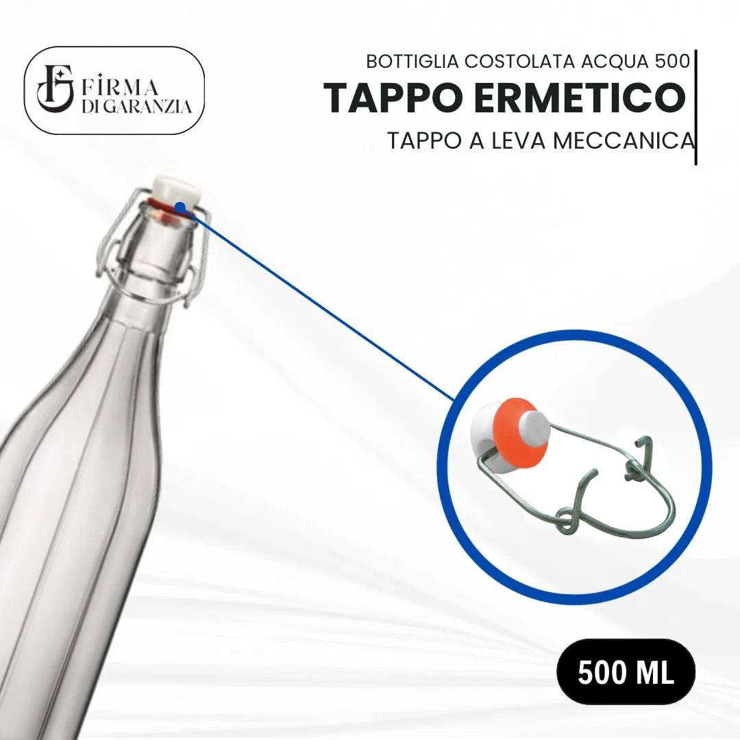 Set da 12 Bottiglia Costolata in Vetro con Tappo Ermetico da 0,5 L - Bottiglia in vetro trasparente per acqua vino e liquore con tappo meccanico e guarnizione alimentare