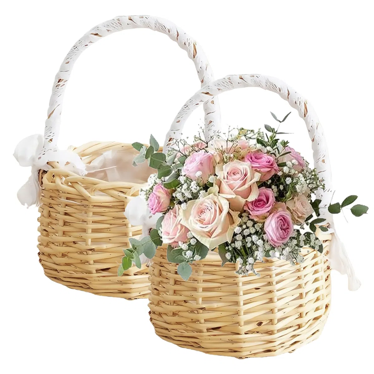 Set di 2 cestini per fiori da sposa con manico, mini cesto di fiori intrecciato, cesto pasquale con manico, piccolo cesto di vimini intrecciato con manico, per feste, festival