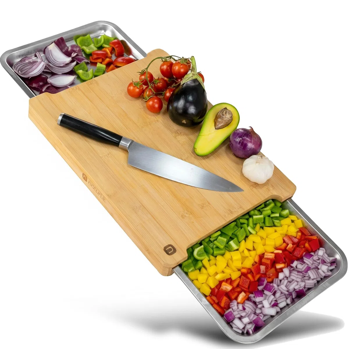 naturlik Tagliere da cucina in bambù con vassoi magnetici – Doppio contenitore per alimenti e scarti, pratico, resistente, FSC® – Tagliere legno