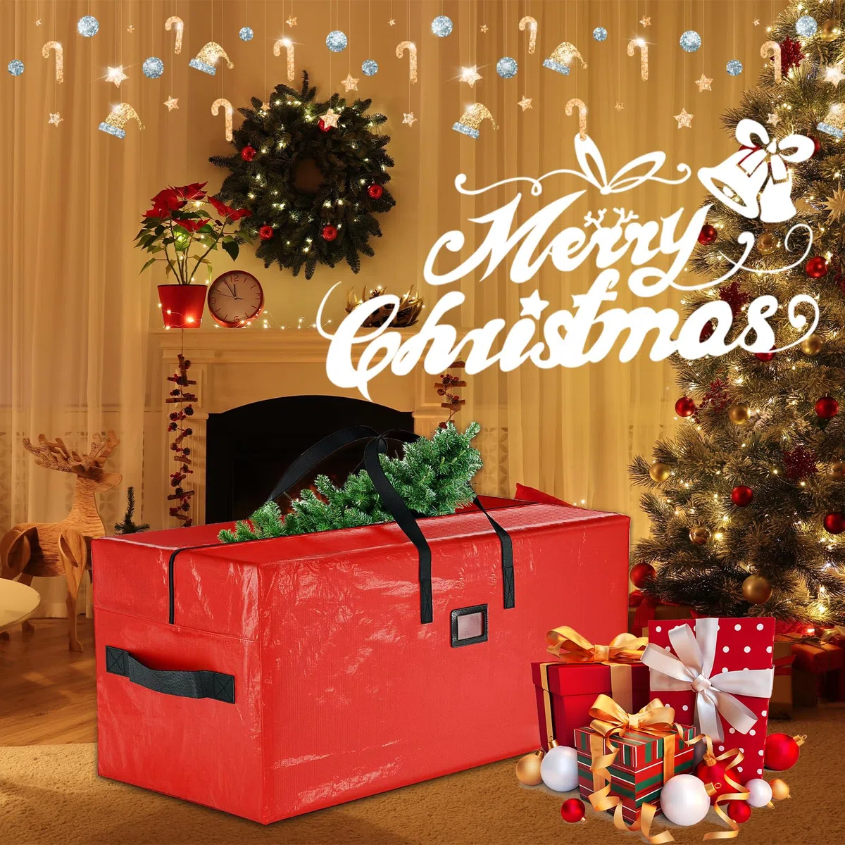 Custodia impermeabile albero natale con manici e cerniera, sacco porta natale 122x40x52 cm(rosso)