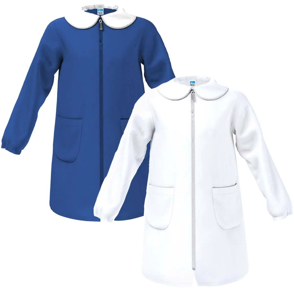 siggi Grembiule Scuola ELEMENTARE Bambina Senza Ricamo in Cotone con Bottoni nei Colori Bianco E Bluette - Linea Happy School