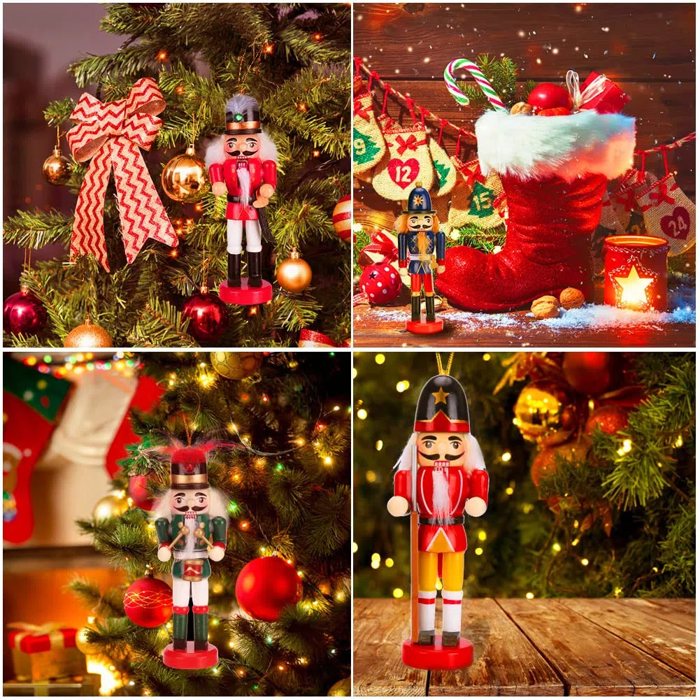 Schiaccianoci di Natale, 6 Pezzi Soldato Natalizio in Legno, Dipinto a Mano , Albero di Natale Decorazioni per Festival, Natalizi Regalo, 13,5 cm