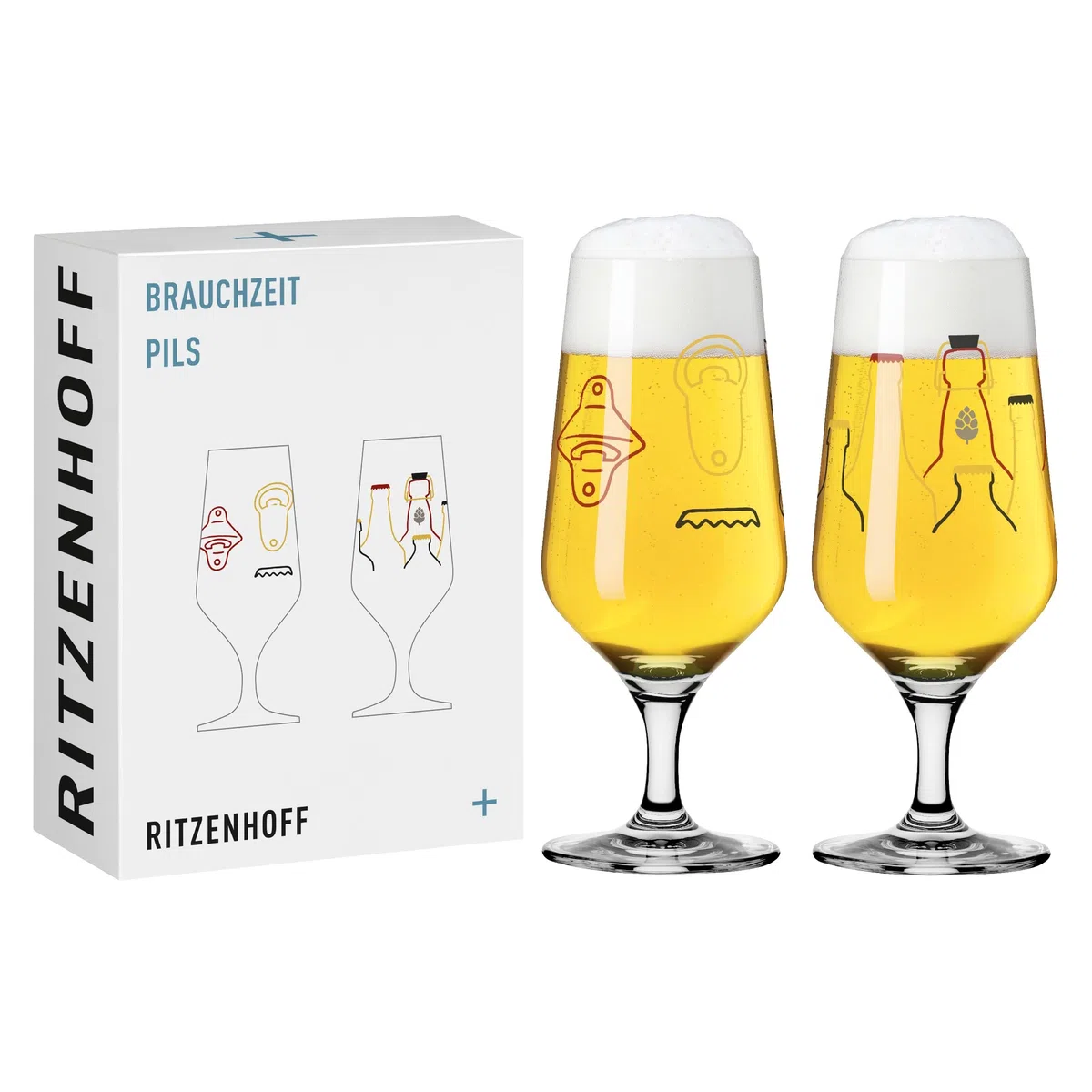 RITZENHOFF 3471007 Bicchiere da birra 300 ml - Set di 2 - Serie Brauchzeit, bottiglia di birra e apribottiglie, multicolore - Made in Germany