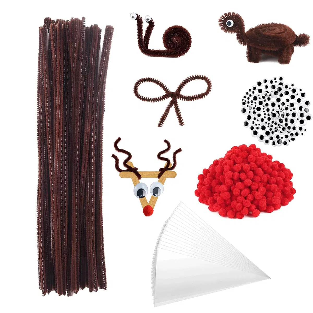 Set Scovolini Marroni Da 500 Pezzi, Scovolini Per Artigianato, Pon Pon Rossi, Occhi Artigianali Autoadesivi, Sacchetti Di Caramelle Trasparenti, Per Natale Fai Da Te Fatti A Mano