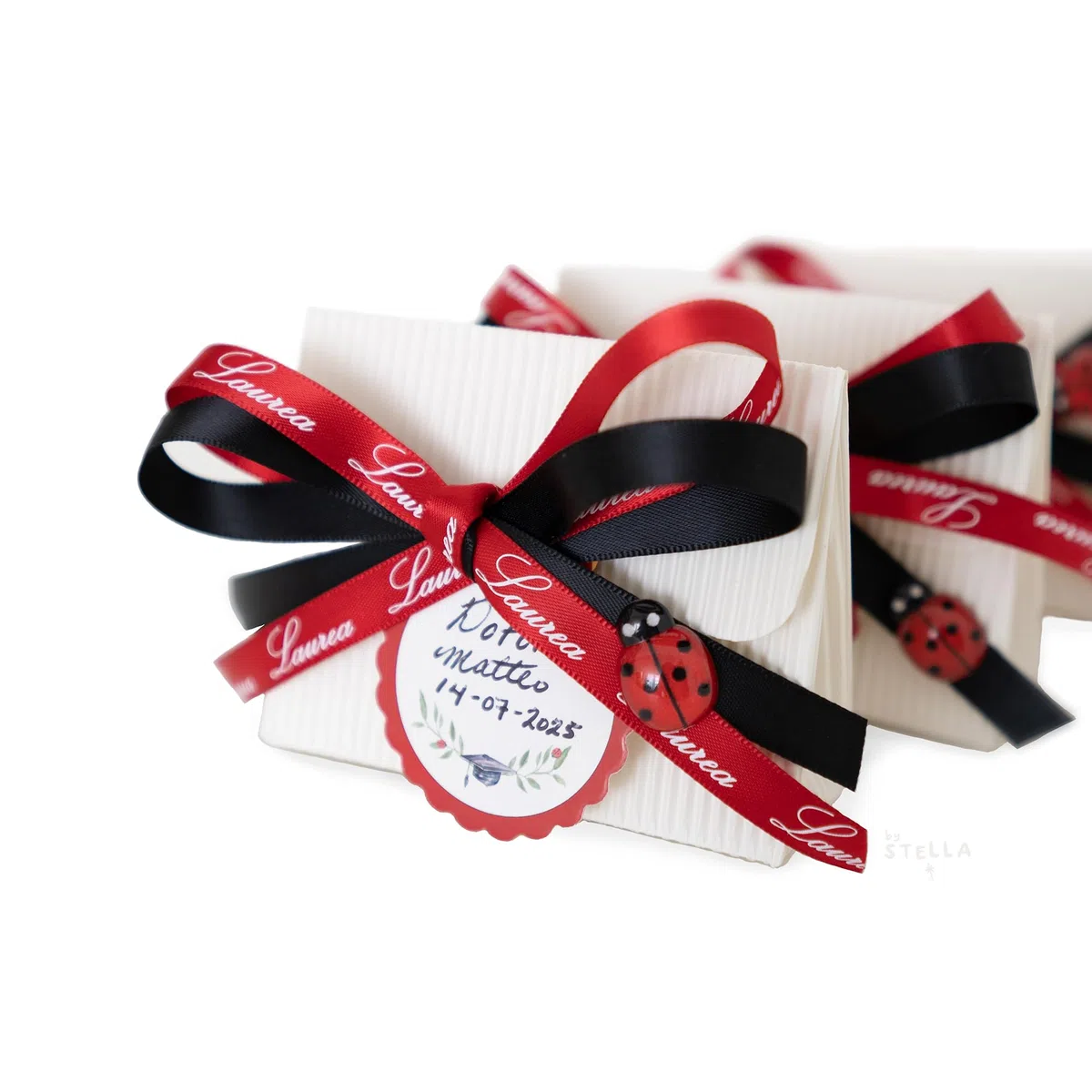 Set Completo Bomboniere Laurea, Scatoline Portaconfetti con Coccinelle, Bigliettini, Doppi Nastri e Sacchettini, 25 Pezzi