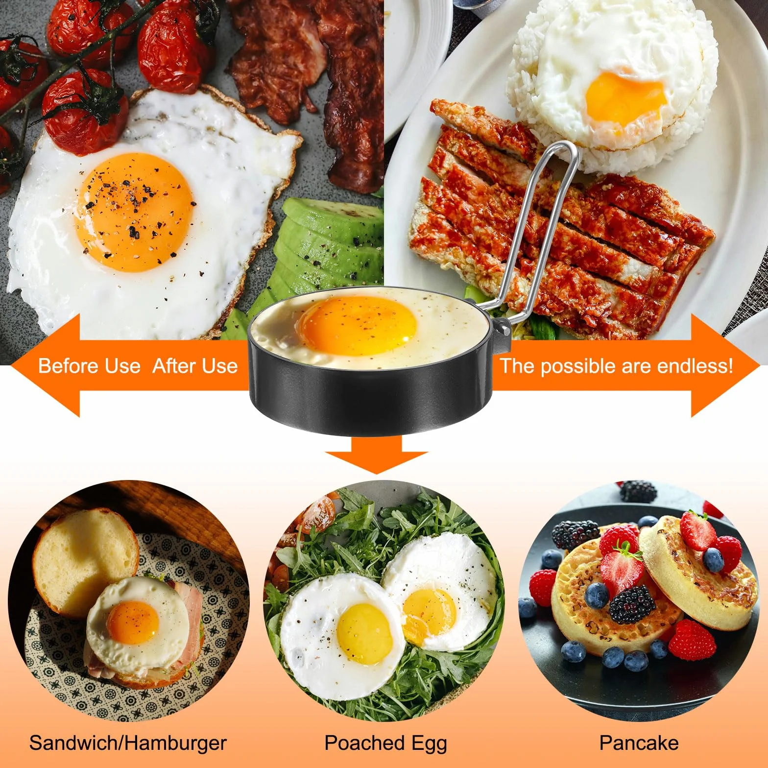 QUARKZMAN 2 Pezzi Anelli Per Uova 4" Acciaio Inossidabile Antiaderente Anello Per Pancake Con Manico In Silicone Per Piastra Frittura Uova Sandwich Omelette Colazione