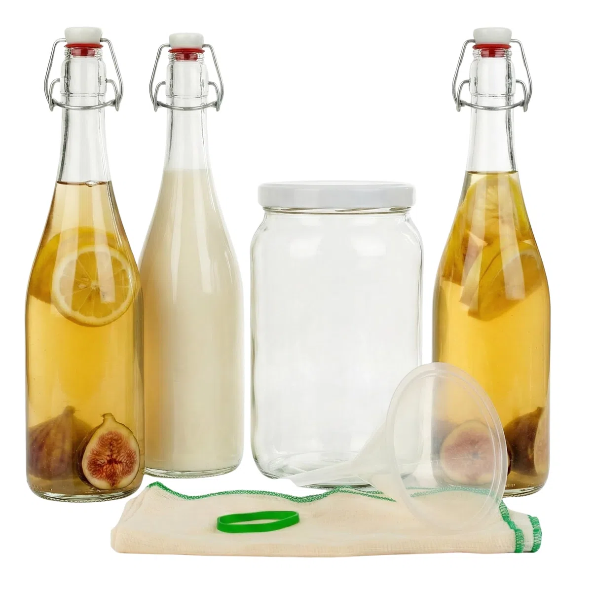 myFERMENTS - Kit Produzione Bevande Artigianali | Barattolo Vetro 2L | 3 Bottiglie Ermetiche 750ml | Imbuto e Mussola | Adatto per Birra, Liquori, Kombucha, Kefir | Trasparente, Vetro