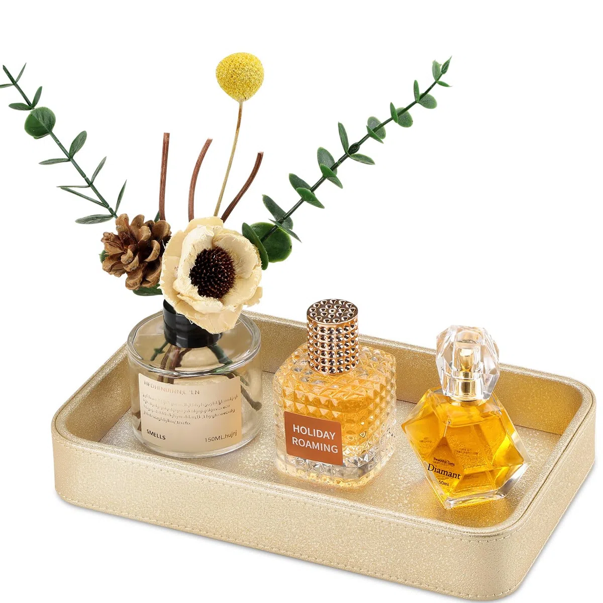 GORESE Vassoio Portaoggetti da Bagno, Vassoio Decorativo Organizer da Bagno Porta Profumi in Pelle Svuotatasche Ingresso Vassoio da Letto Vassoi Portagioie per Bagno,Soggiorno,Camera da Letto(Oro)