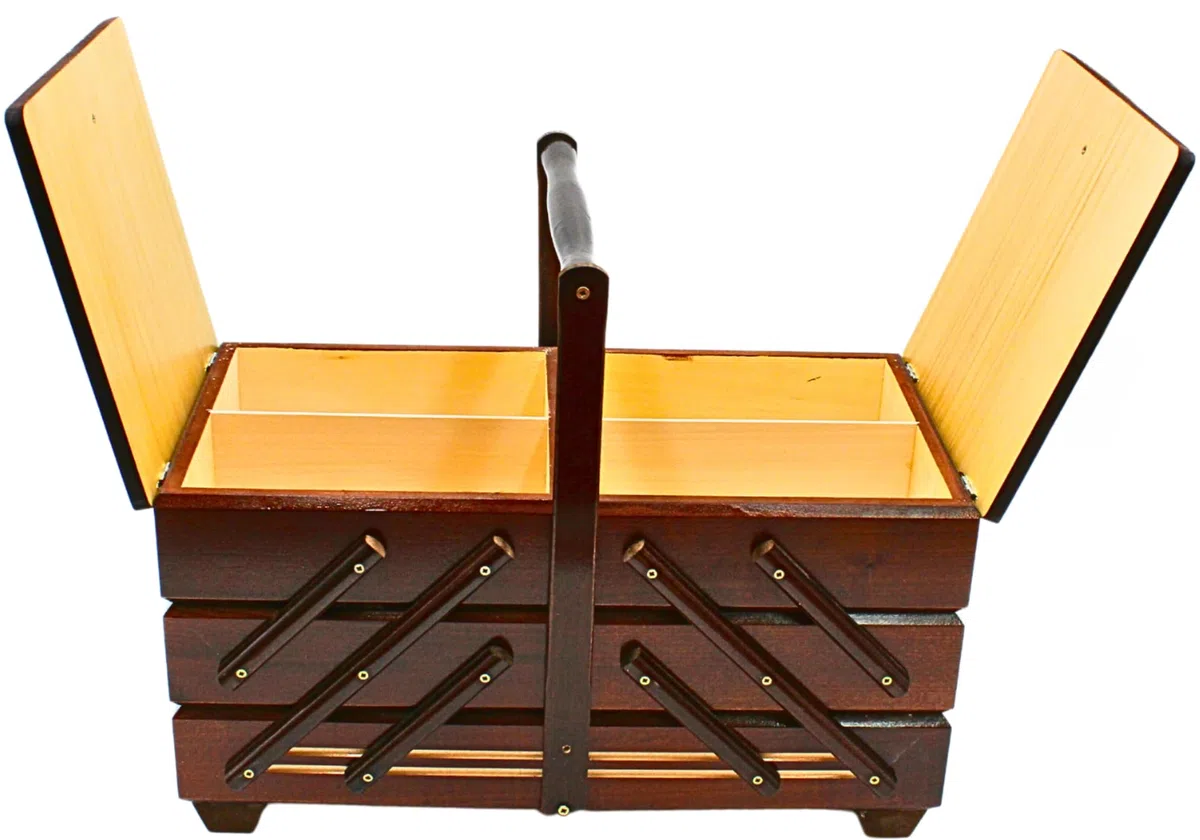 Dekohelden24 Scatola da cucito di alta qualità in legno impiallacciato con 7 scomparti in marrone, 42 x 20 x 21 cm, 42 cm