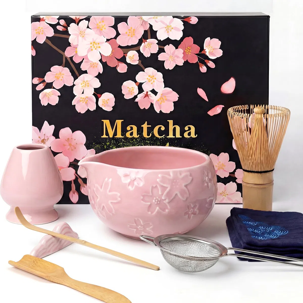 8 pezzi Matcha Kit, Matcha Set tradizionale in ceramica con Frusta Matcha, Ciotola, Cucchiaio, Filtro, Supporto, Kit Matcha completo, Elegante Set per Amanti del Matcha, Rosa