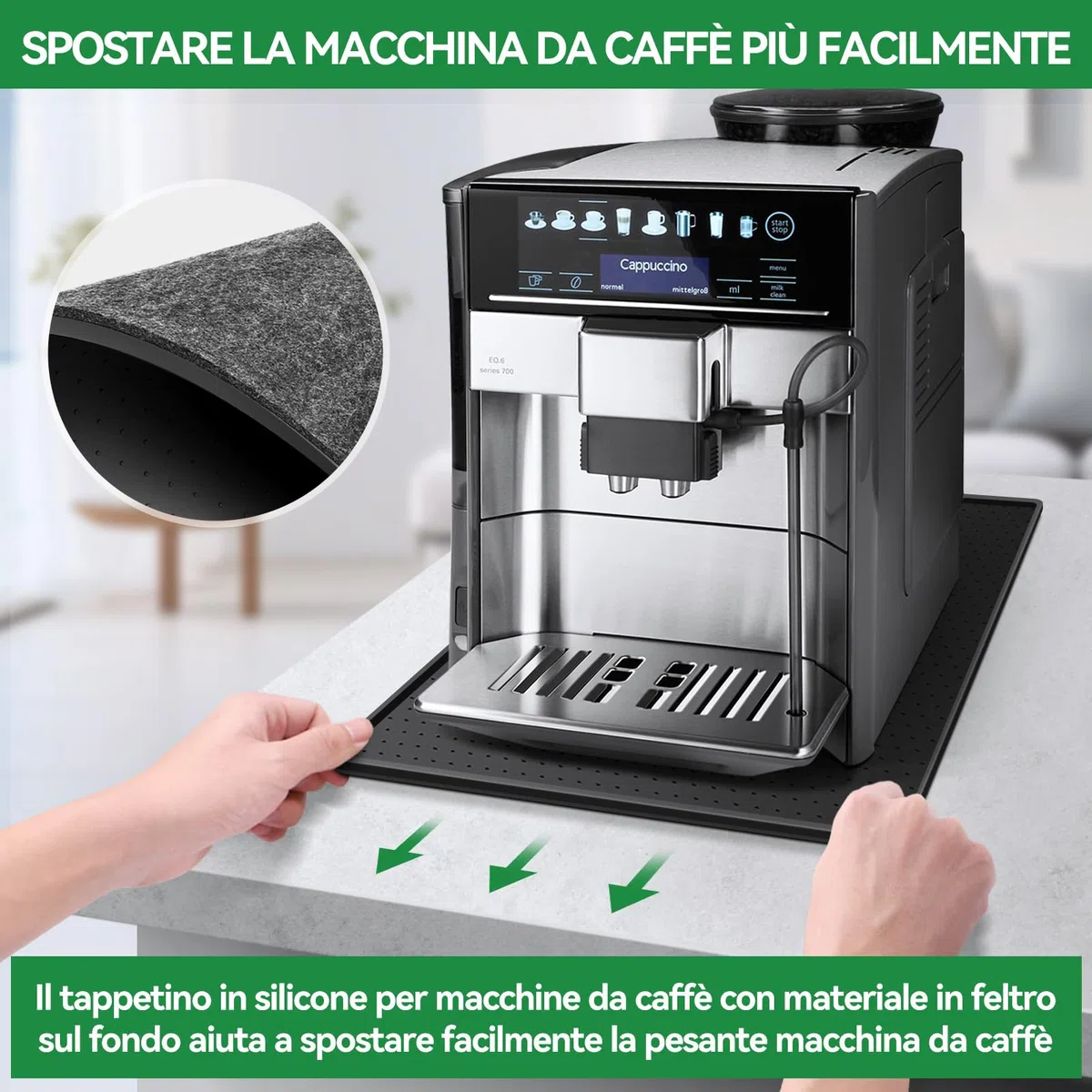 Tappetino per Macchina da Caffè, Tappetino in Silicone 48x30cm con Bordo Rialzato, Protezione Piano di Lavoro, Compatibile con De Longhi Magnifica, Philips LatteGo, Siemens EQ6 (Nero)