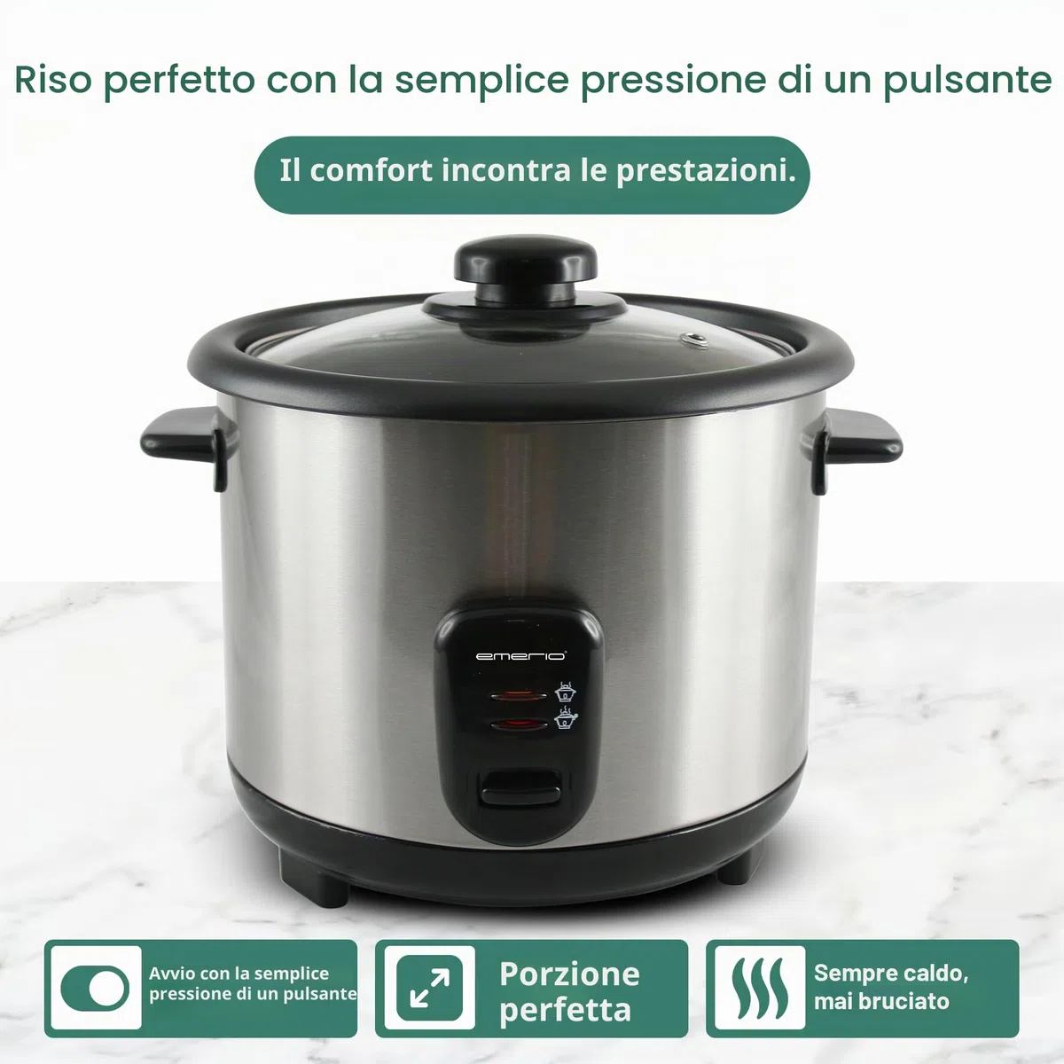 EMERIO Cuociriso automatico Eco | volume 1,5 l | funzione di mantenimento del calore | spegnimento automatico | rivestimento antiaderente | coperchio in vetro | con cucchiaio di riso + misurino |