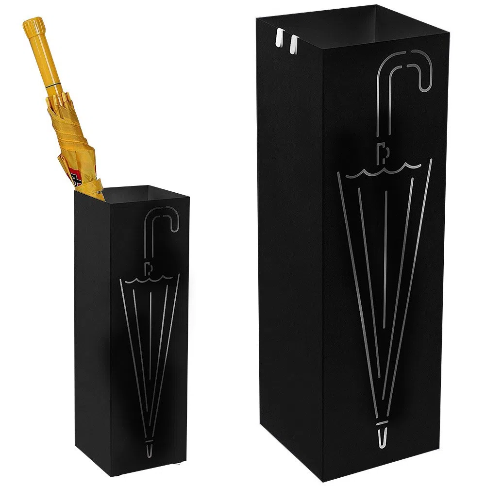 BAKAJI Portaombrelli Stand in Ferro Design BAK3B Forma Quadrata Nero con Decorazione Intarsio Ombrello Vaschetta Salvagoccia e Ganci per Ombrelli Pieghevoli Dimensioni 49 x 15,5 cm
