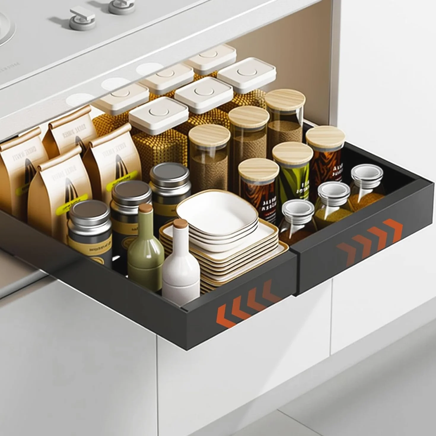 Cassetto Estraibile Cucina,Cassetti Telescopico Armadio,Cassetti Estraibili Con Adesivo,Larghezza Regolabile Da 32 a 53 Cm Con Guida Autoadesiva Silenziosa,Non Richiede Forature Né Chiodi