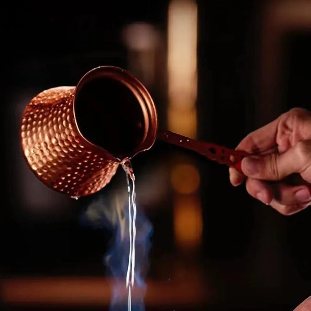 Zoegneer Autentica caffettiera turca in rame placcato in rame con fiamma, tazza da barista con fiamma