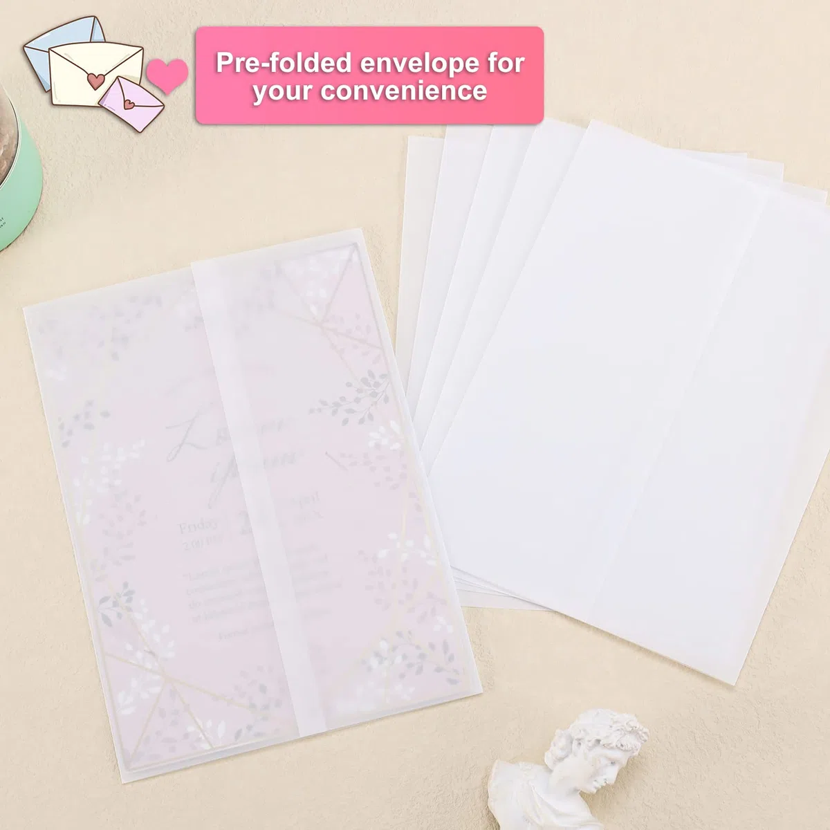 120 Pezzi Pergamena da Scrivere, 13x18cm Pre-Piegata Carta Velina per Inviti di Nozze, Compleanno e Baby Shower