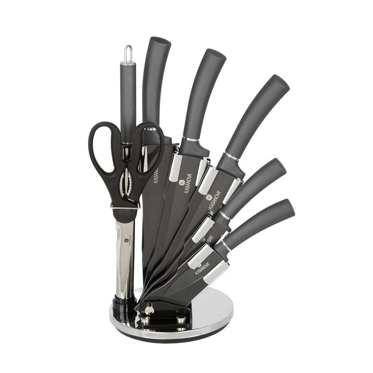 Set 5 coltelli grigi con forbici, affilacoltelli e stand