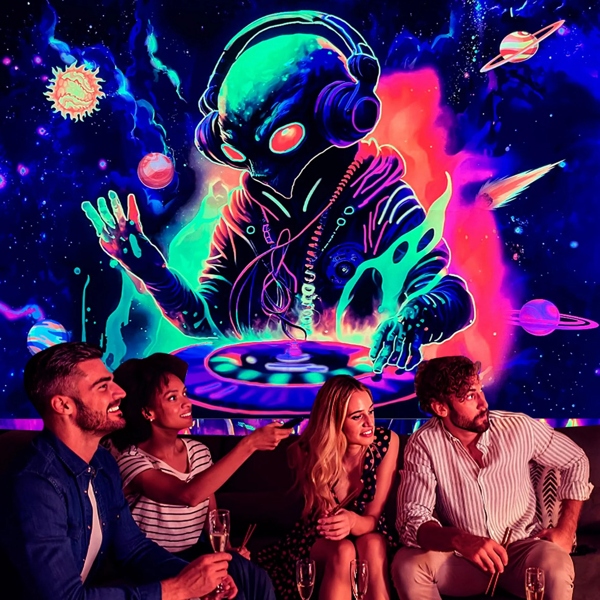 OSVINO Arazzo alieno a luce nera 150x200CM Reattivo ai raggi UV DJ alieno Appeso a parete Arte Arredamento della camera da letto Luna e Sole Poster di pianeti Appeso a parete Arredamento hippy