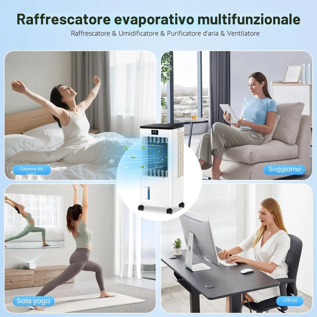 Condizionatore Portatile Senza Tubo, Raffreddatore d’Aria 4 in 1, 4 Modalità 3 Velocità, Climatizzatore Evaporativo 60 W, Timer 1-12 H, con Telecomando, 4 Ruote per Casa e Ufficio
