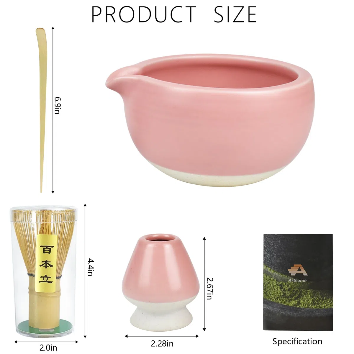 Artcome Kit completo per cerimonia del tè Matcha, ciotola, frusta, supporto per frusta, paletta da tè, per Usucha, Koicha, Matcha Latte (rosa)