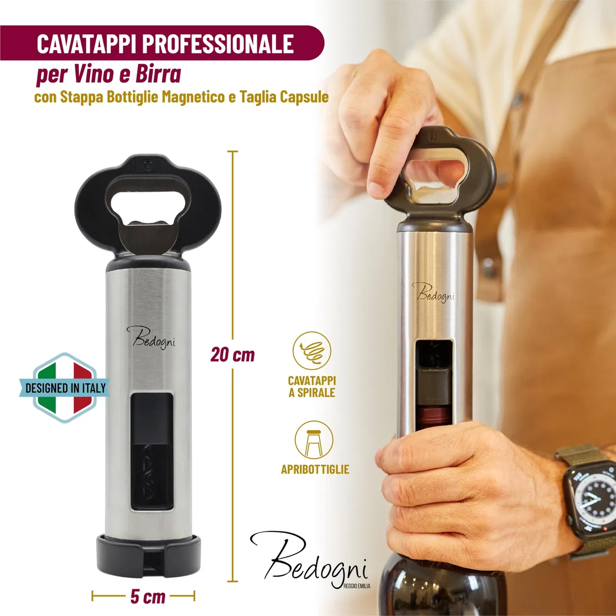 Cavatappi Apribottiglie Vino e Birra con Stappa Bottiglie Magnetico e Taglia Capsule - Regalo donna - Regalo Uomo