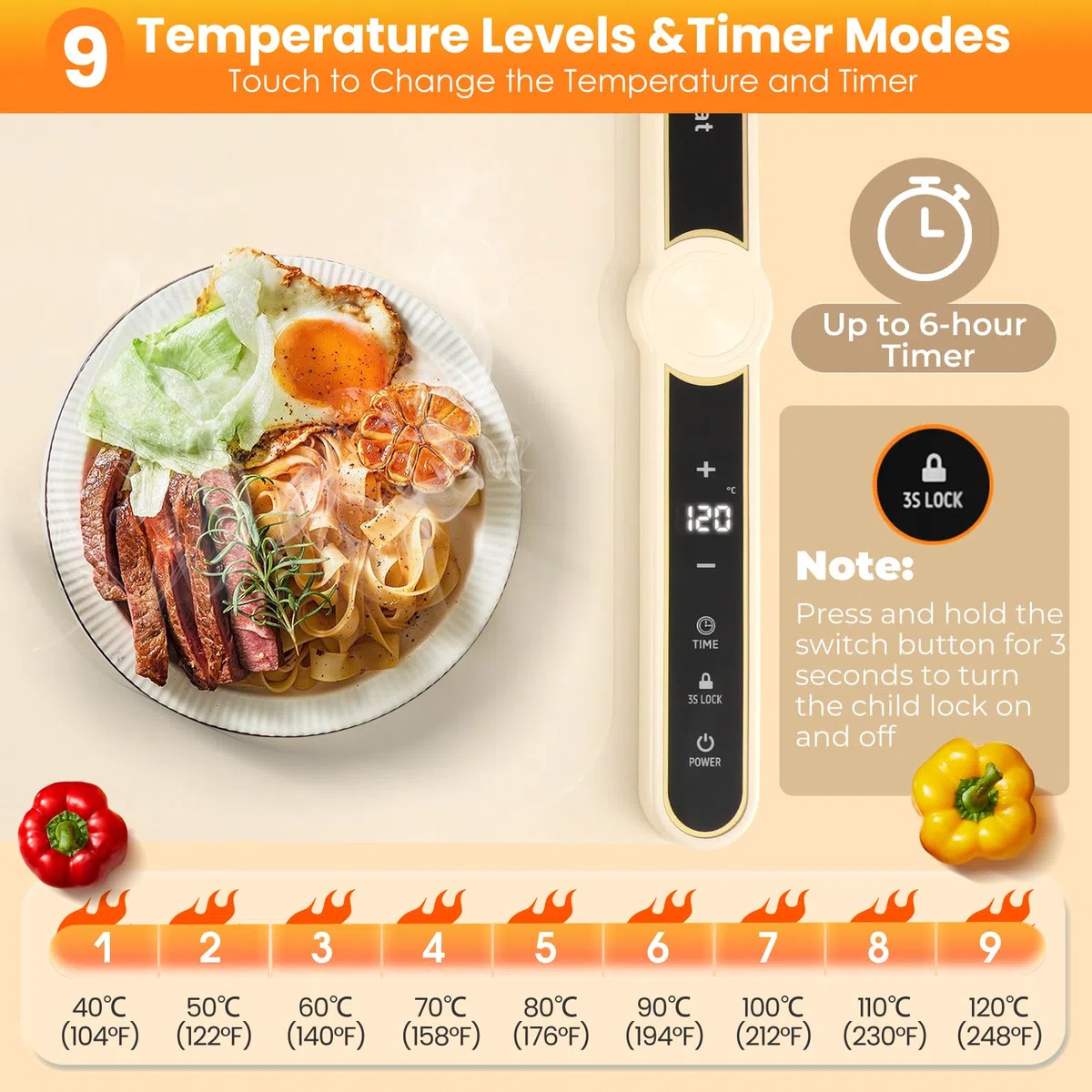 Vassoio Riscaldante Elettrico, Scaldavivande Elettrico Arrotolabile Pieghevole, Tappetino Riscaldante Elettrico con Timer e 9 Impostazioni di Temperatura per Feste a Buffet in Famiglia 80 x 38cm