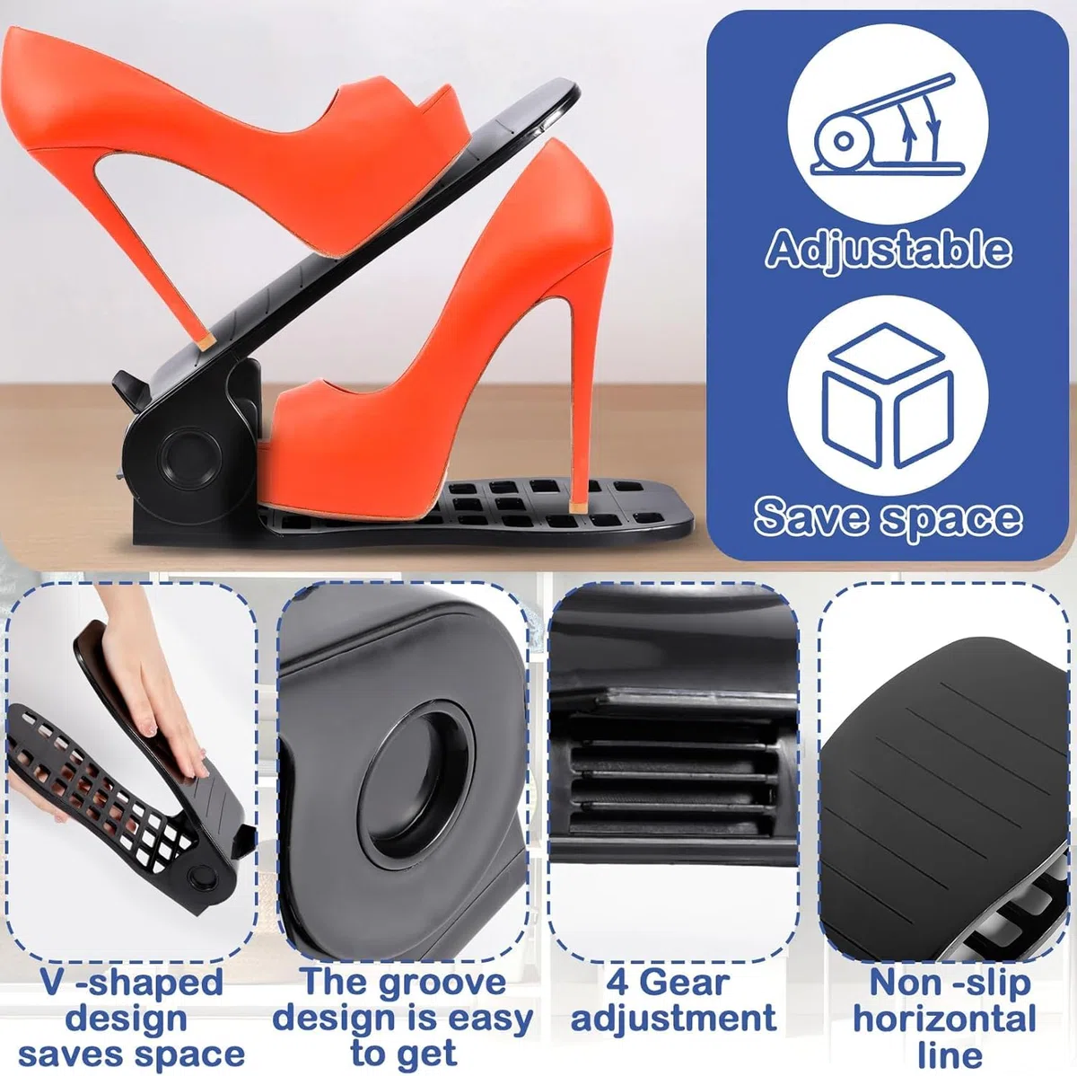 10 Pezzi Organizer Scarpe Impilabile, Portascarpe Salvaspazio Antiscivolo et Regolabile in Altezza, Porta Scarpe da Armadio Salvaspazio per Organizzare il Guardaroba, Nero