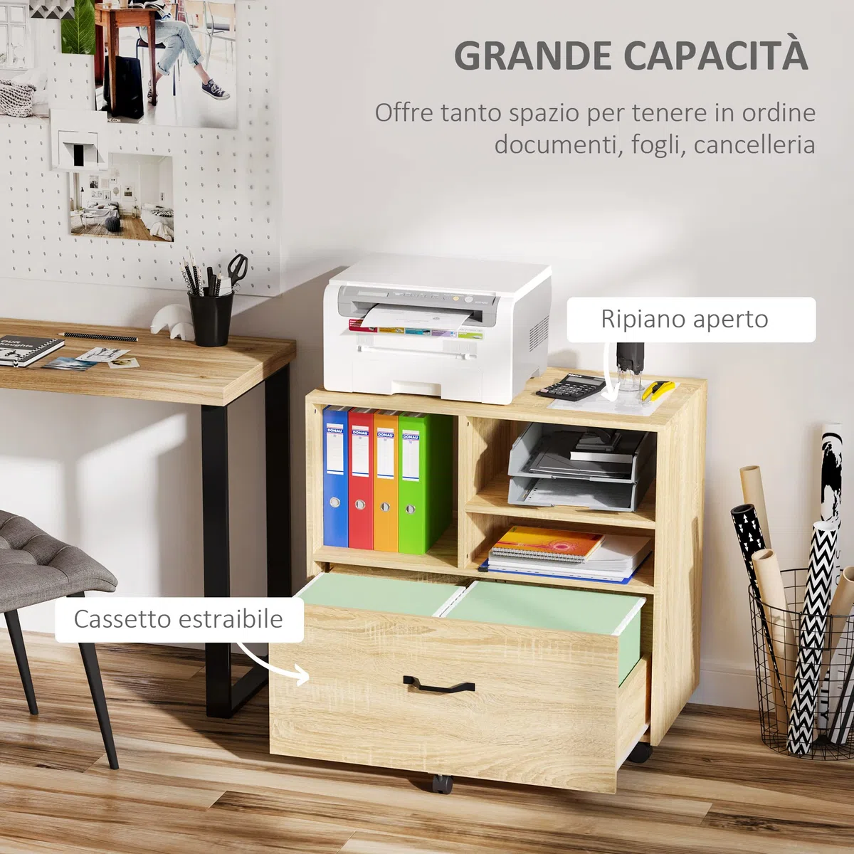 Vinsetto Mobile Multiuso per Ufficio in Legno, Cassettiera con Ruote Porta Stampante con 5 Ruote, Cassetto e Ripiano Regolabile, 77x40x73cm, Legno