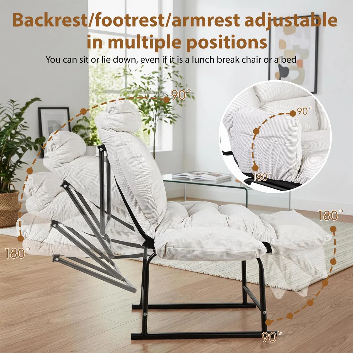 Poltrona Relax, Ergonomica Reclinabile 90°-180°, Poltrona Reclinabile con Schienale e Poggiapiedi Regolabile, Poltrone per Soggiorno/Ufficio, con Tasconi Laterali, Bianco