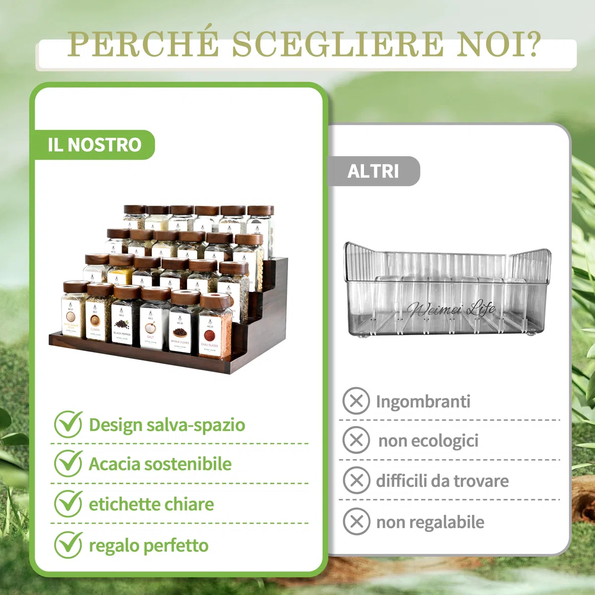 SAEIV 24 Barattoli Legno di Acacia Vetro Borosilicato Non Bruci Più la Pasta, Porta Spezie per Cucina Salva Spazio, Portaspezie Salvaspazio Piano e Cassetto con Imbuto Inox e 120 Etichettec