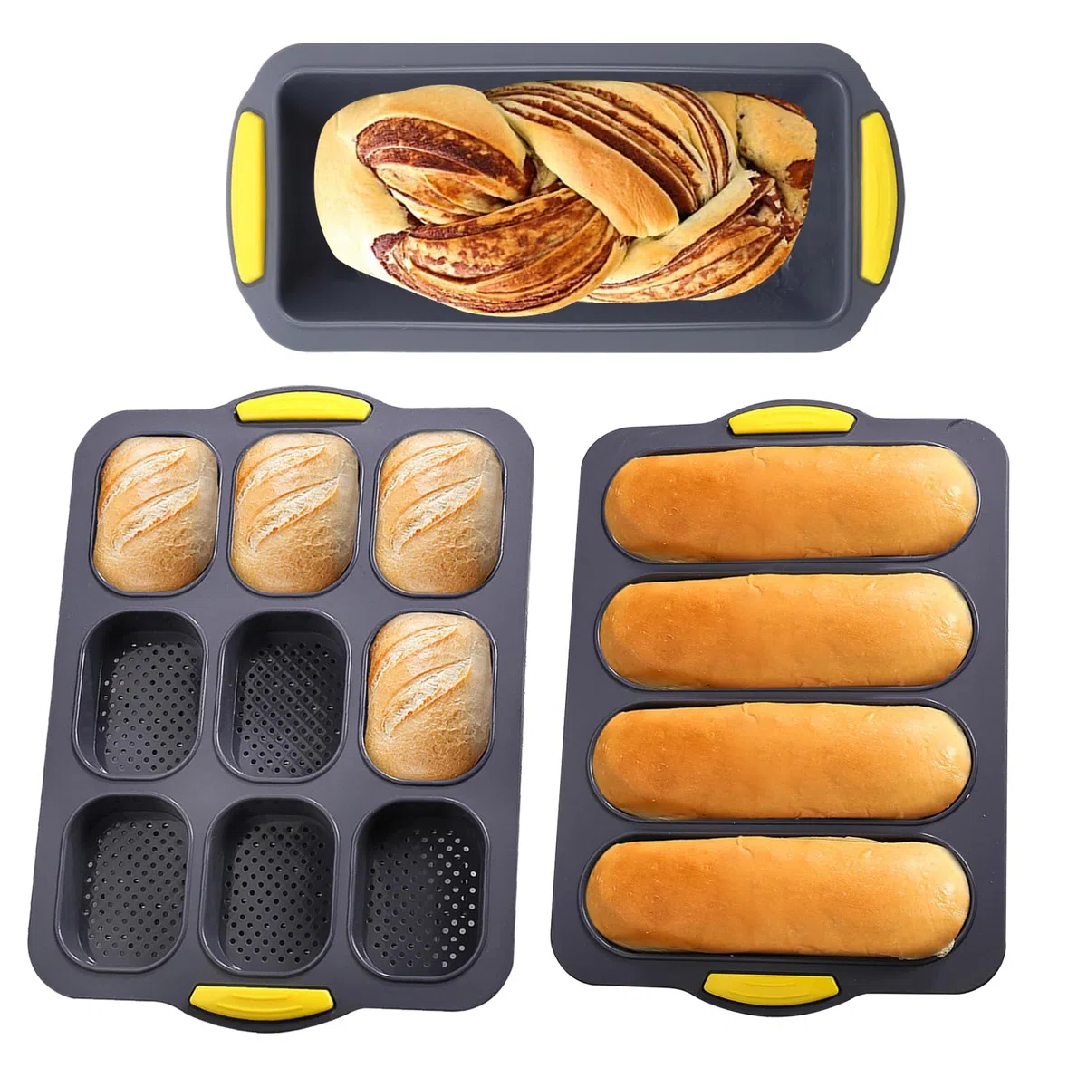 Baking Mould baguette baking Vassoio 3 Rolls Antiaderente Pane Stampi da forno baguette Vassoio Easy Clean Silicone Baking baguette Strumento di pane per la cottura (grigio, baguette)