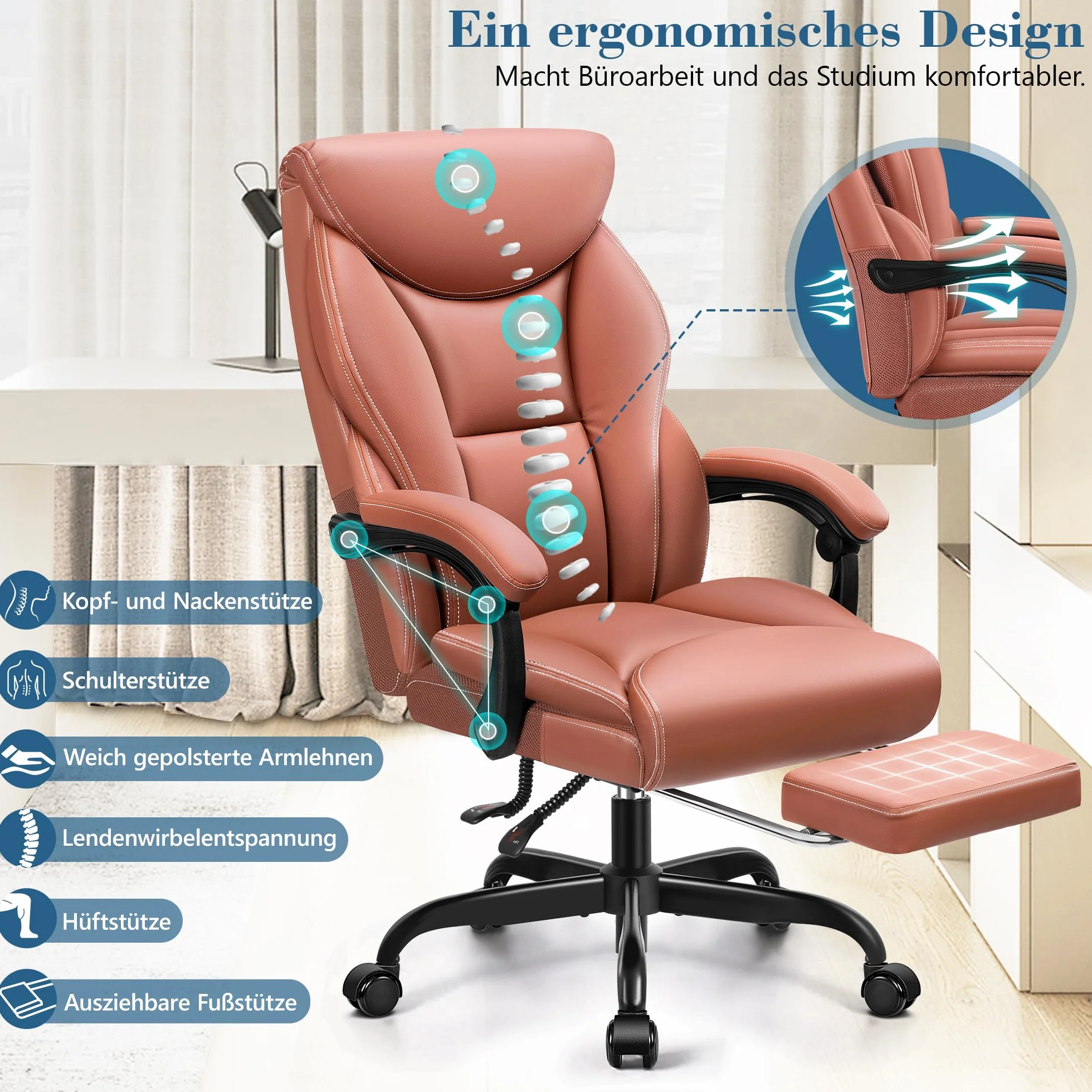 FelixKing Sedia da ufficio ergonomica in pelle PU, schienale alto, sedia da computer inclinabile con poggiapiedi, supporto lombare, regolabile in altezza (marrone opaco)