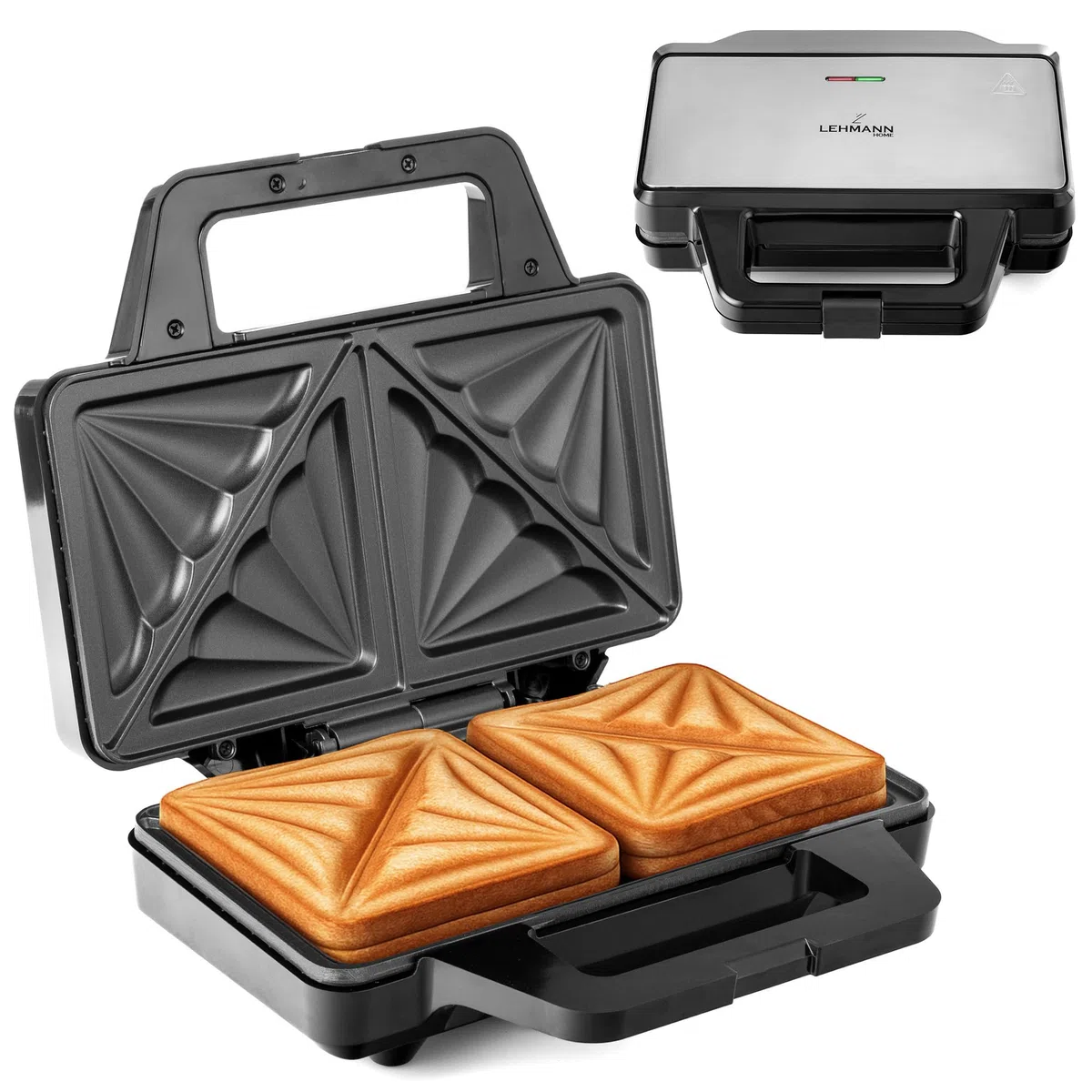LEHMANN Sandwich Maker XXL – Piastre Extra Grandi – Tostiera Elettrica XXL per 2 Sandwich a Forma di Conchiglia – Antiaderente – Indicatore di Prontezza – Facile da Pulire – 1000W