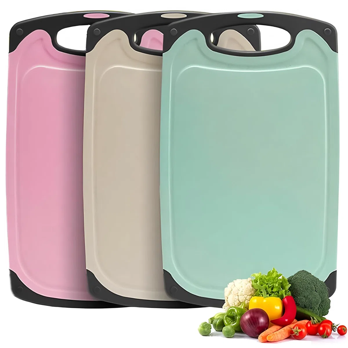 Set di 3 taglieri in paglia di grano, senza BPA, con scanalature per succo, facili da impugnare, con fori per appenderli, antiscivolo, lavabili in lavastoviglie (beige, verde, rosa) 35 x 21 cm