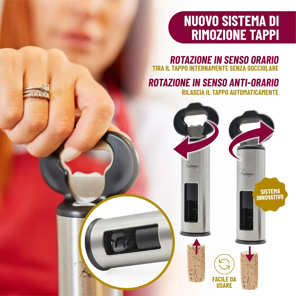 Cavatappi Apribottiglie Vino e Birra con Stappa Bottiglie Magnetico e Taglia Capsule - Regalo donna - Regalo Uomo