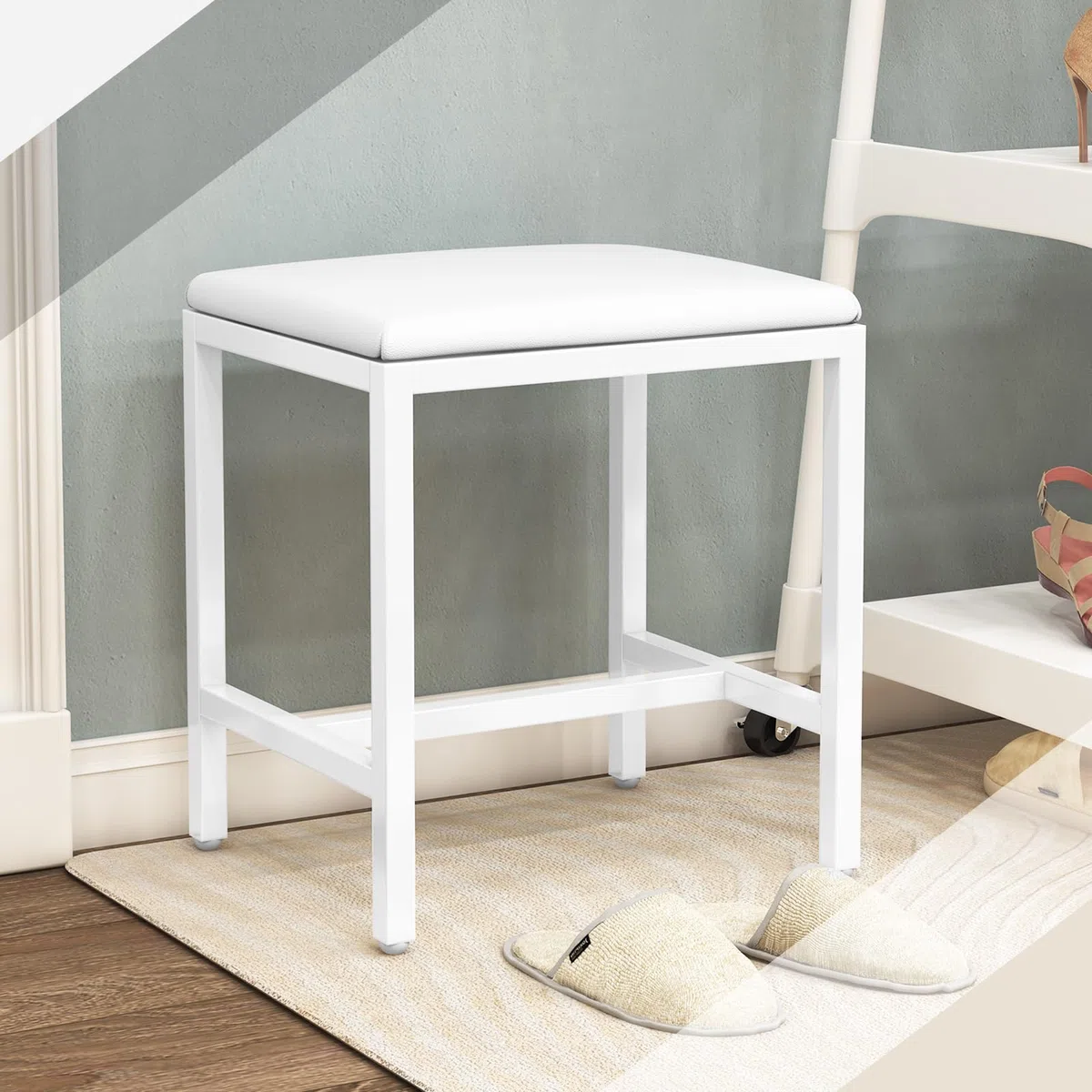Sgabello da trucco bianco con cuscino, moderno sgabello cosmetico per camera da letto, sgabello imbottito Vanity, poggiapiedi per divano, sedia trucco