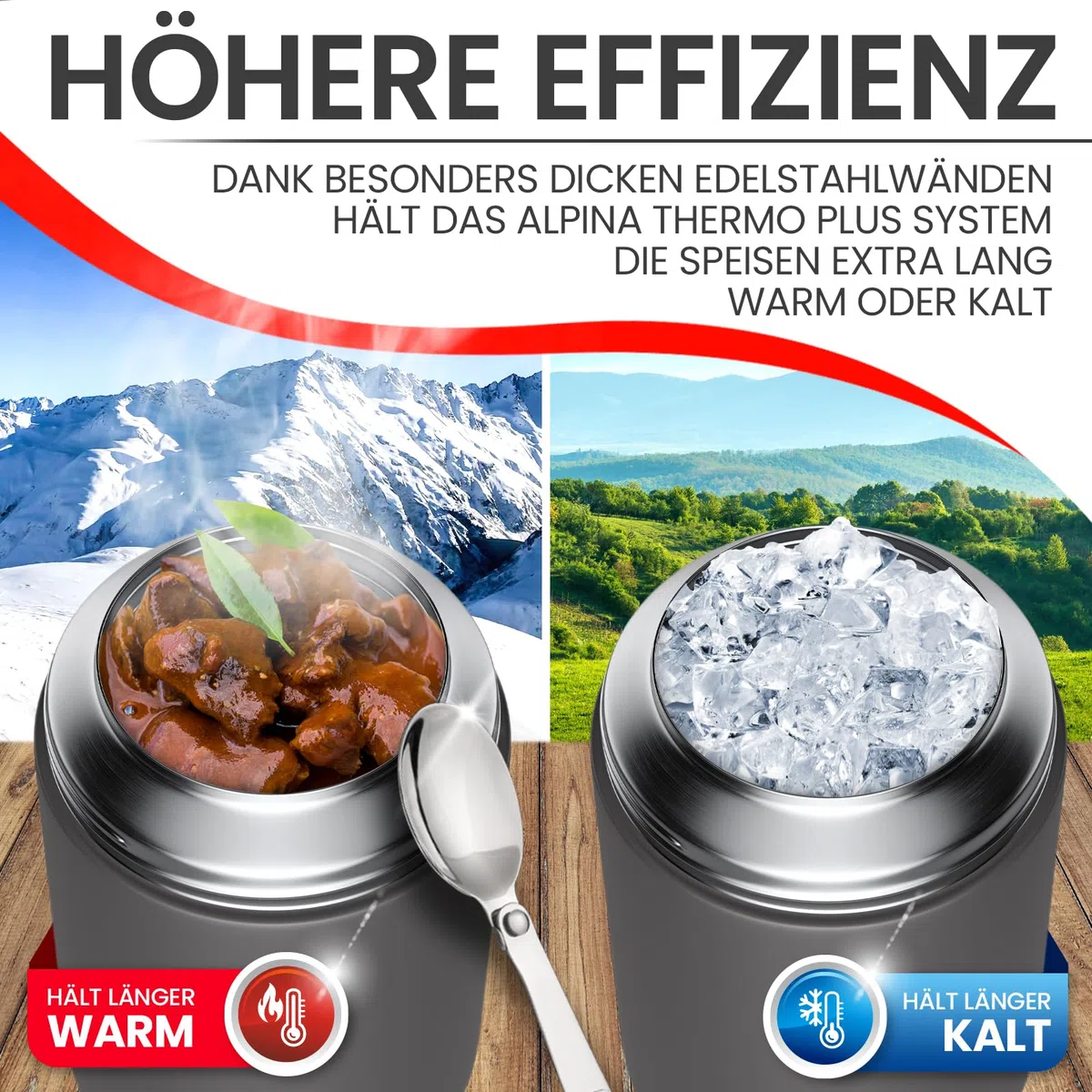 alpina contenitori ermetici per alimenti – tazza termica 730 ml lavabile in lavastoviglie con compensazione pressione - Cibi caldi e freddi a lungo I Borraccia termica in acciaio inox senza BPA