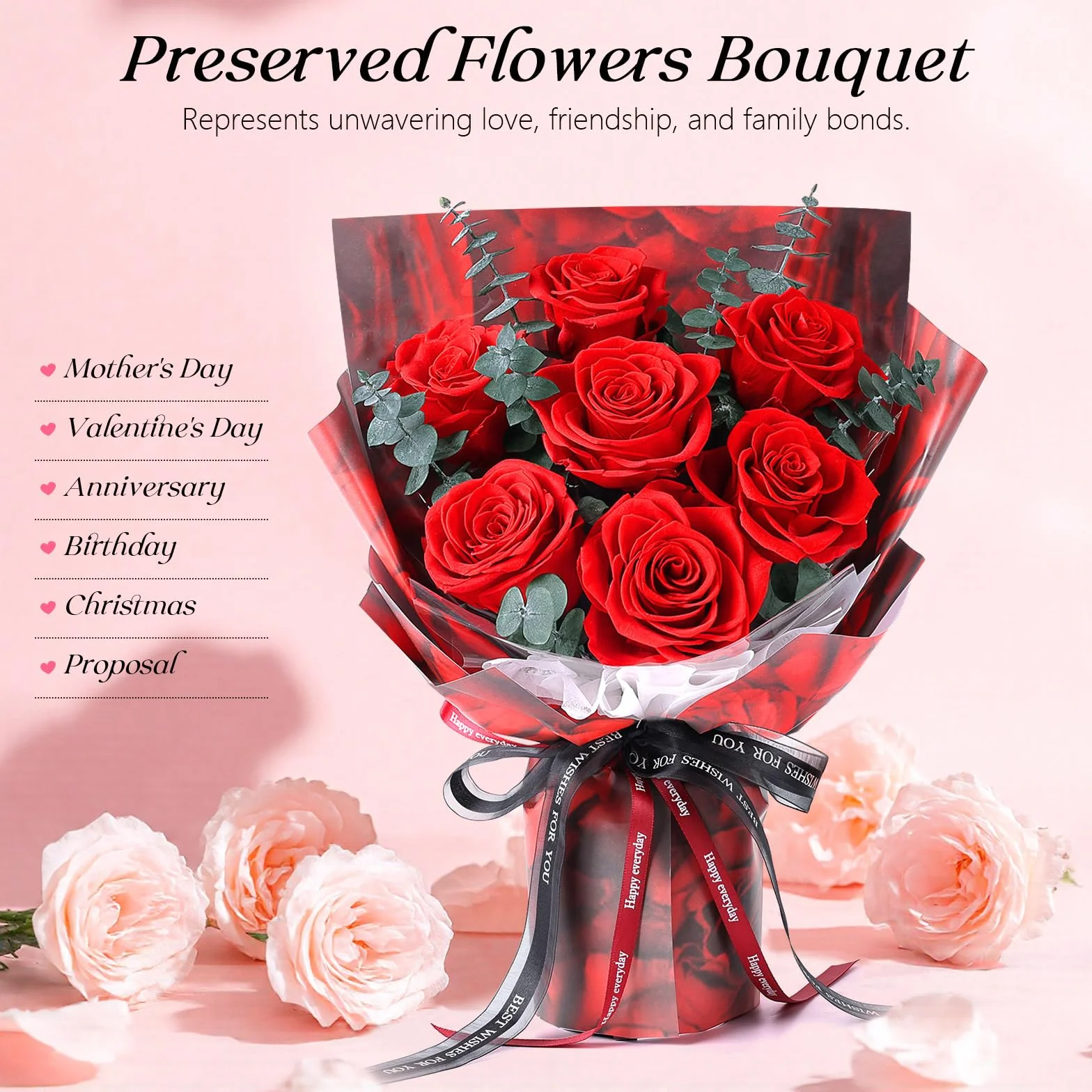 Bouquet di 7 Rose Rosse con Vaso, Rosa Stabilizzata, Fiori Eterni Conservati, Regali per Donna, Mamma, Moglie, Fidanzata, per Compleanno, Anniversario, San Valentino, Festa della Mamma