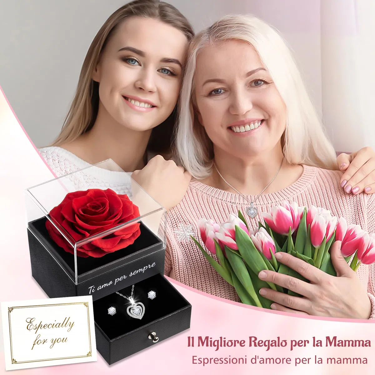 Sunia Festa della Mamma Idee Regalo, Vera Rosa Eterna con Collana Argento 925 Donna con e Orecchini, Rosa Stabilizzata Vera, Regalo Mamma Donna Compleanno, Regalo Festa della Mamma