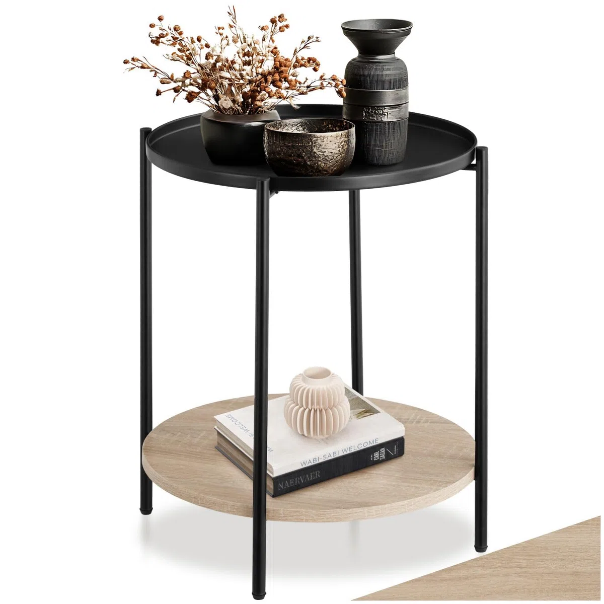 tectake® Tavolino Salotto Tondo 45,5x54,5cm, Tavolino da Divano o Comodino Stretto, Ripiano Vassoio, Soggiorno, Casa, Ufficio per Libri, Lampade, Computer Portatile, Bevande - Legno Industriale Chiaro