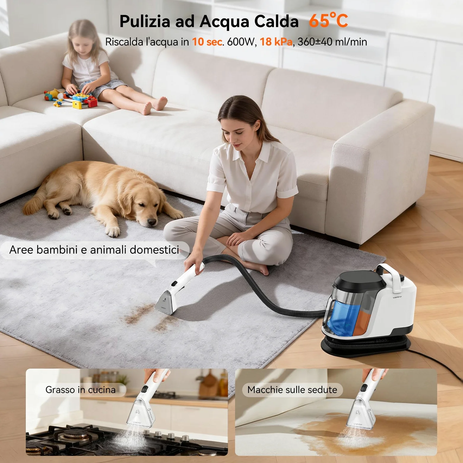 Uwant Lavatappeti Lava e Asciuga a Vapore Y100S 600W 18KPa, 3in1 Fredda/65℃ Calda/100℃ Vapore, Spazzole multiple Lava Divani/Tappeti/Auto/Cucina, 2.4L Serbatoio Auto-pulizia Portatile Lavatessuti