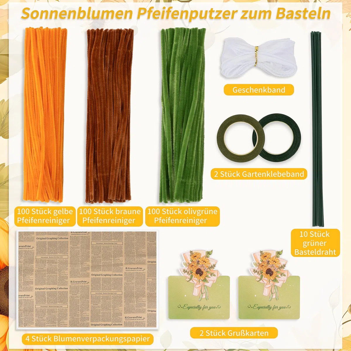 set di 300 fili di ciniglia per lavori manuali a forma di girasole - Con 20 steli, nastro e nastro adesivo - Per mazzi di fiori fai da te e progetti artigianali. Regali per le donne per la