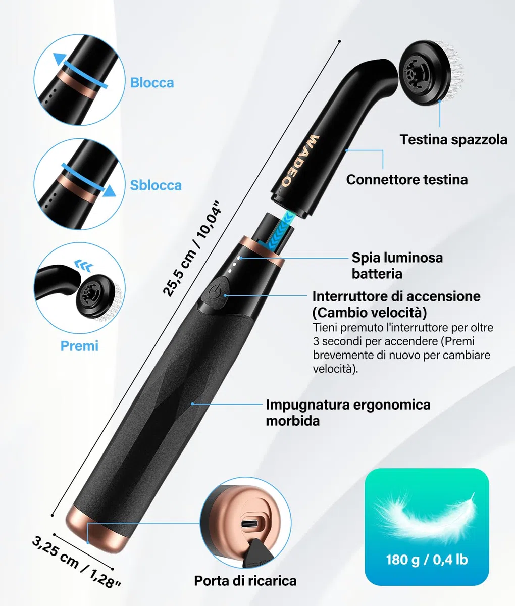 WADEO Piccola Spazzola Ricaricabile per Crepe e Piastrelle, [2600mAh] [11 Testine] 3 Velocità, IPX7 Impermeabile, Spazzola Elettrica per Bagno, Cucina, Lavandino, Vasca, Pavimento