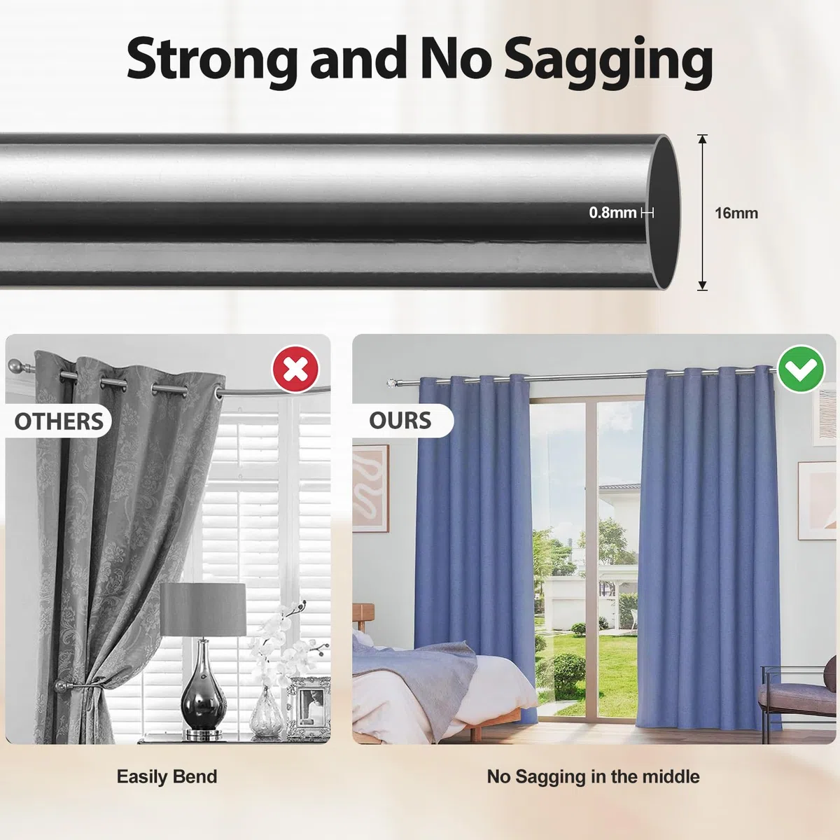 Bastone per tenda argentato, con terminali in cristallo, per tende velate (16 mm), 76-117 cm, asta regolabile per finestra a bovindo, in acciaio inox, con staffe resistenti, per interni