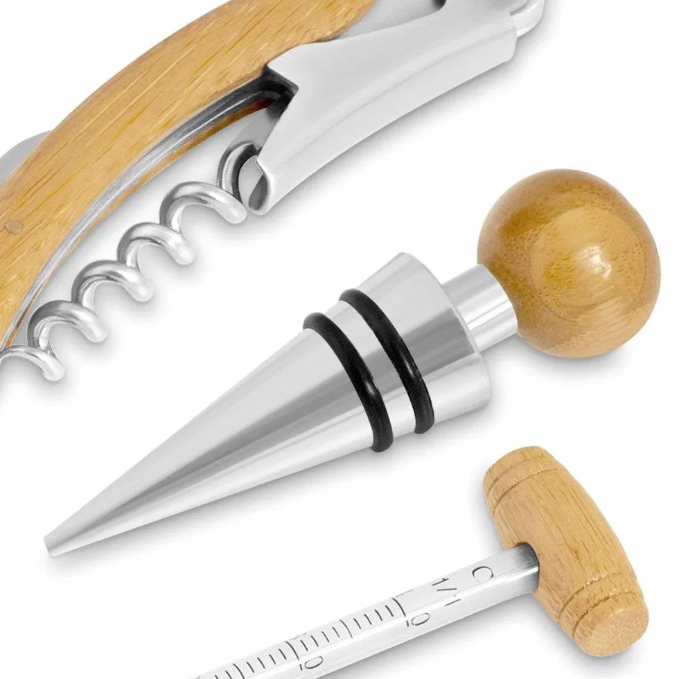 Maverton Set di Accessori da Vino - Kit Cavatappi da Vino Degustazione Perfetta Personalizzato - Scatola in Legno di bambù + 4 Pezzi di Accessori Vino - Regalo Donna - Giorni