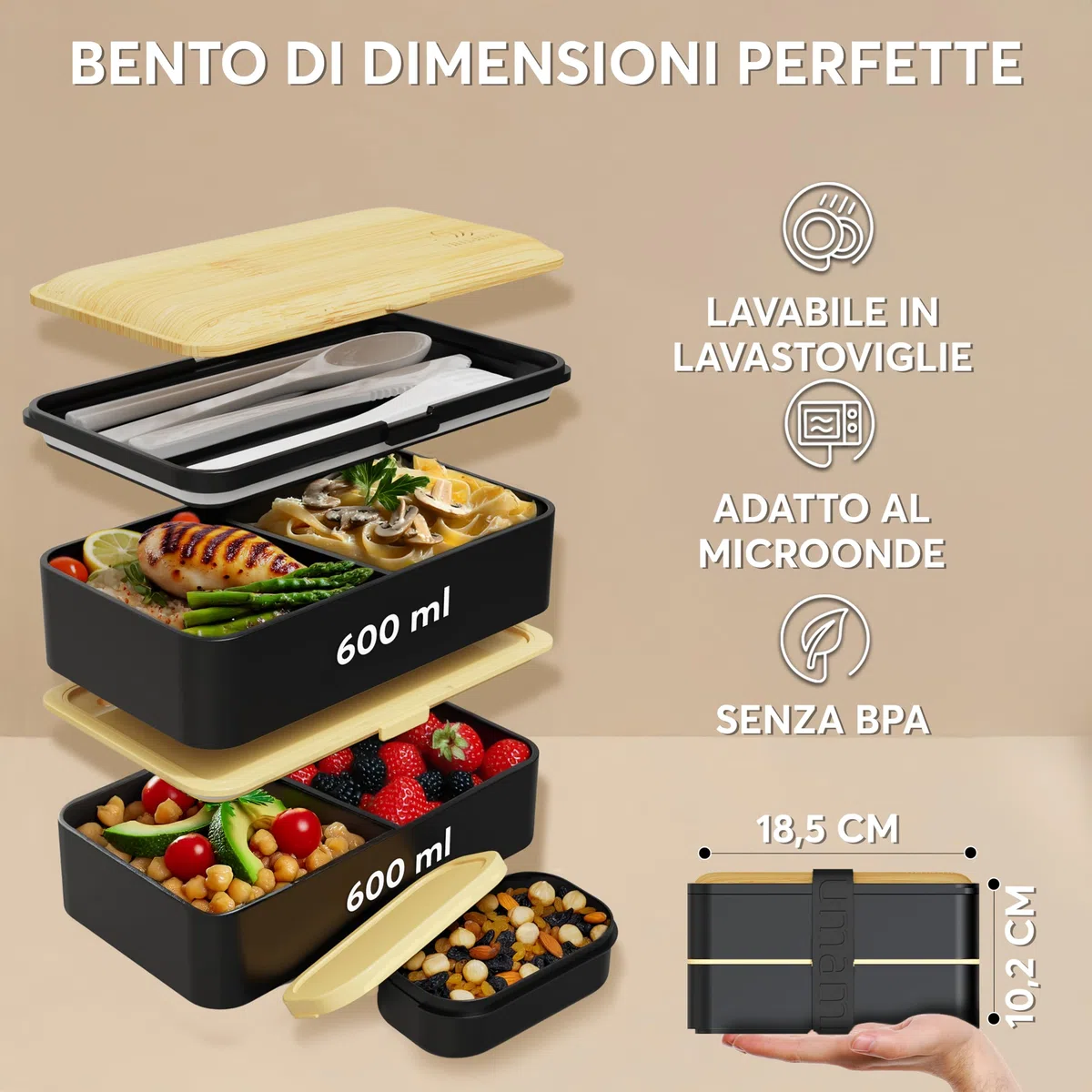 Umami Porta Pranzo Lunch Box Ermetico 4 Scomparti e Posate, Sicuro per Microonde, Lavastoviglie, Portapranzo Ufficio Bento Lunchbox Prova di Perdite per Adulti Schiscetta Pranzo, Nero E Beige, 1200 ml