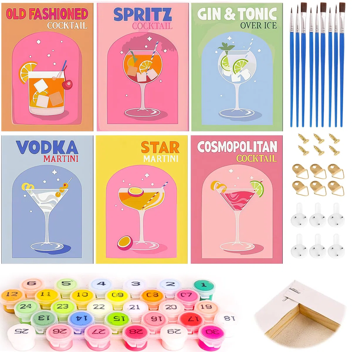 Dipingere con i numeri adulti: Cocktail Paint by Numbers Dipingere con numeri, con cornice, paesaggio fai da te con pennelli e colori acrilici per principianti, decorazione domestica, 6PCS (A)
