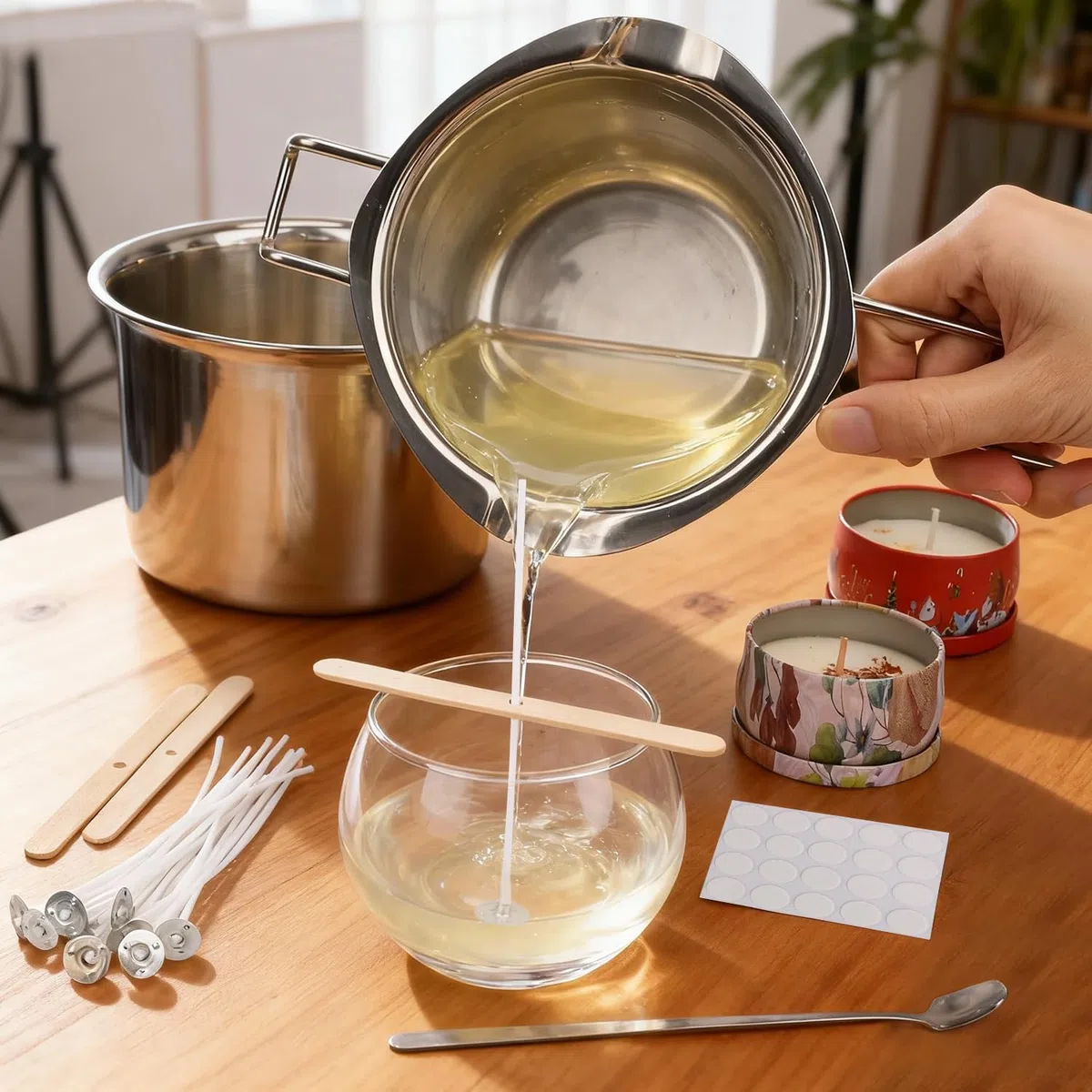 Set di 3 pentole per sciogliere la cera, in acciaio inox con cucchiai, vaschetta per bagnomaria e vasetto per versare candele, fondere, conservare e confezionare cera d'api di soia, conservare e