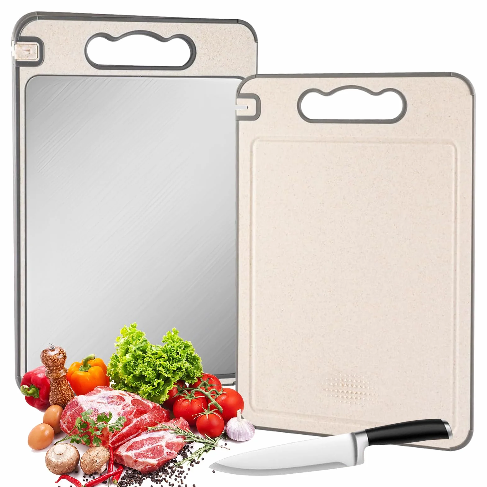 Tagliere Acciaio Inox, Tavola da Taglio a Doppio Lato, in Acciaio Inoxidabile 304 e PP di Qualità Alimentare, Facile da Pulire, Tavola da Taglio per Carne, Verdure, Bordo In Silicone Antiscivolo, Tavo