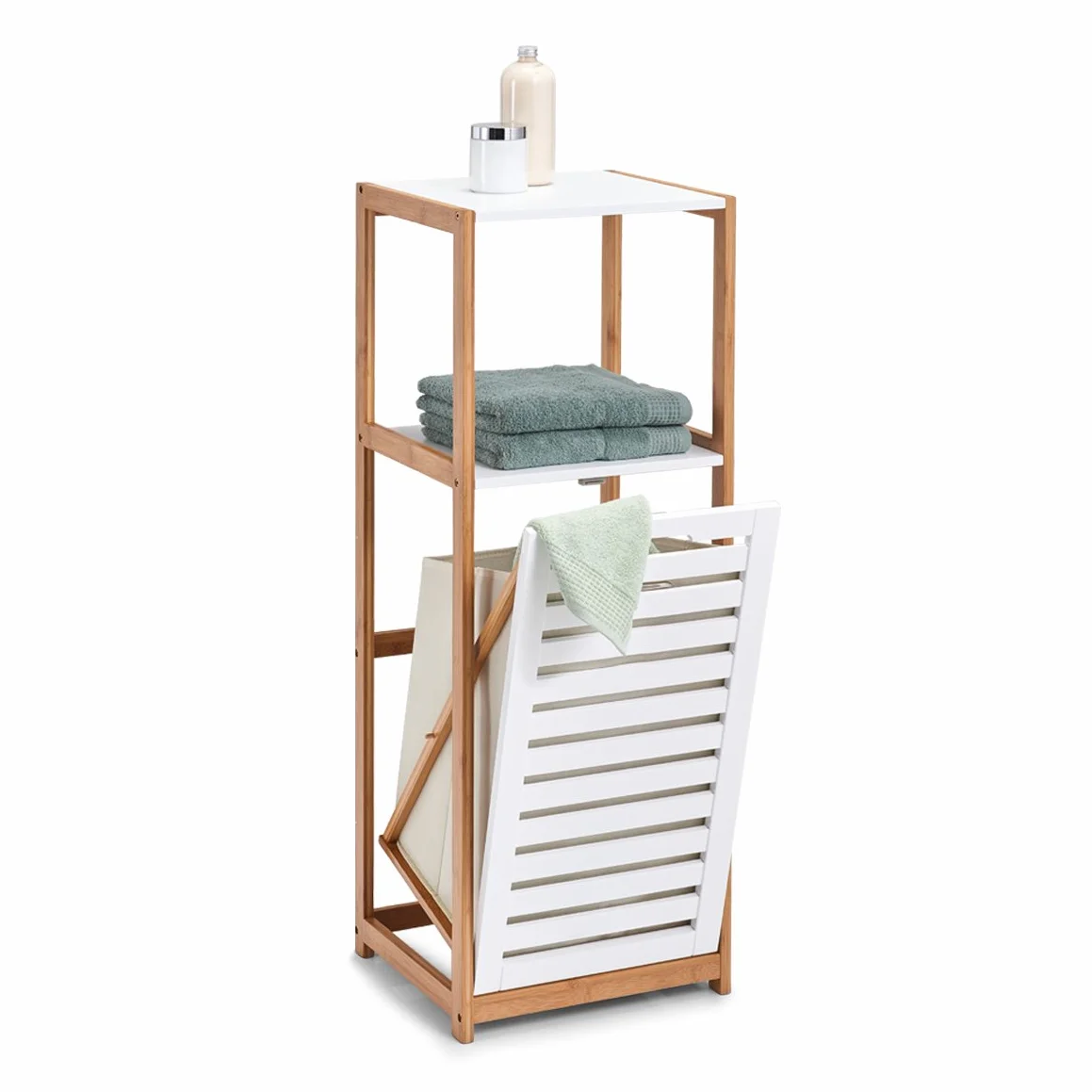 Zeller 18867 - Mensola con Cesto portabiancheria in bambù/MDF, ca. 36 x 33 x 98 cm, Colore: Bianco